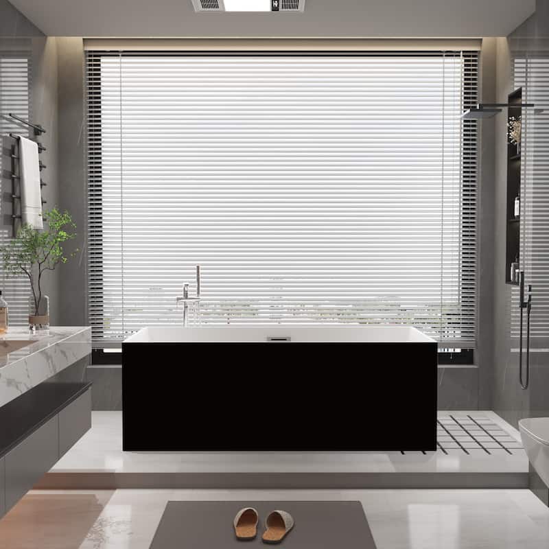 CB HOME 55"/59" White Freestanding Bathtub, Black Acrylic Soaking Tubs, Rectangular Stand Alone Tub in Three Sides Back to Wall