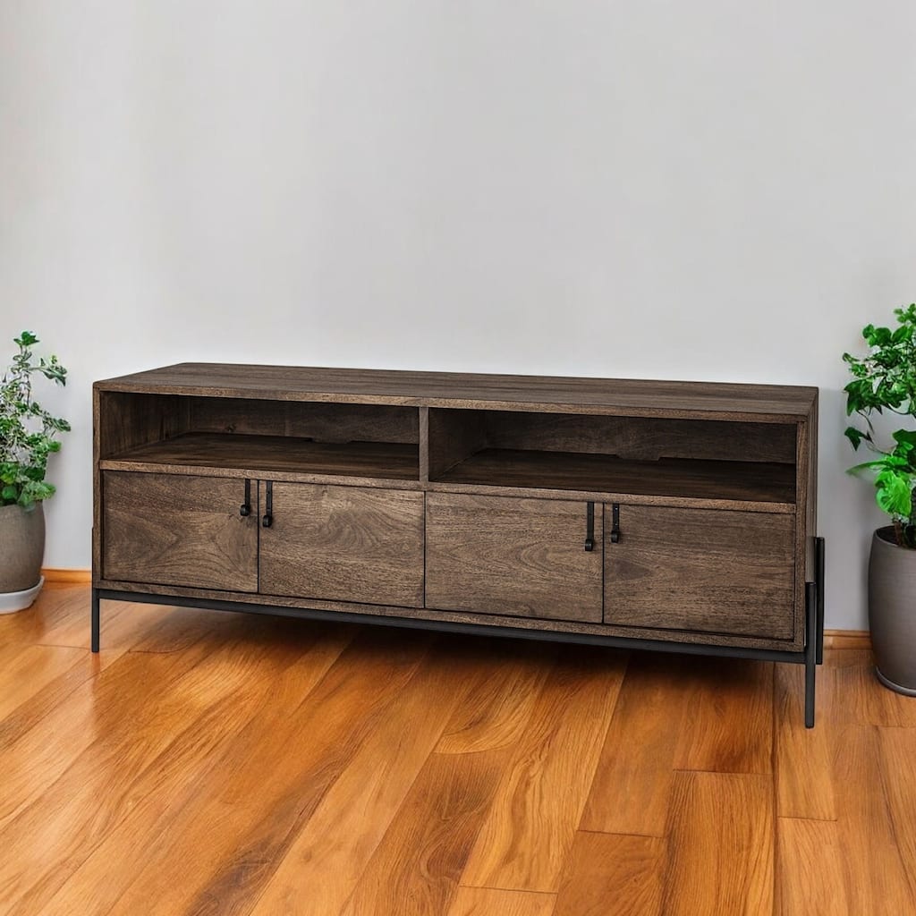 HomeRoots 62" Brown and Black Solid Wood Cabinet Enclosed Storage TV Stand - 18