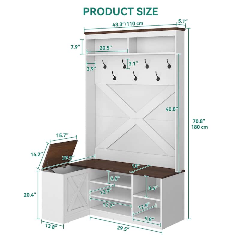 Moasis Farmhouse Hall Tree with Shoes Bench and Cabinet Corner Coat Rack Organizer