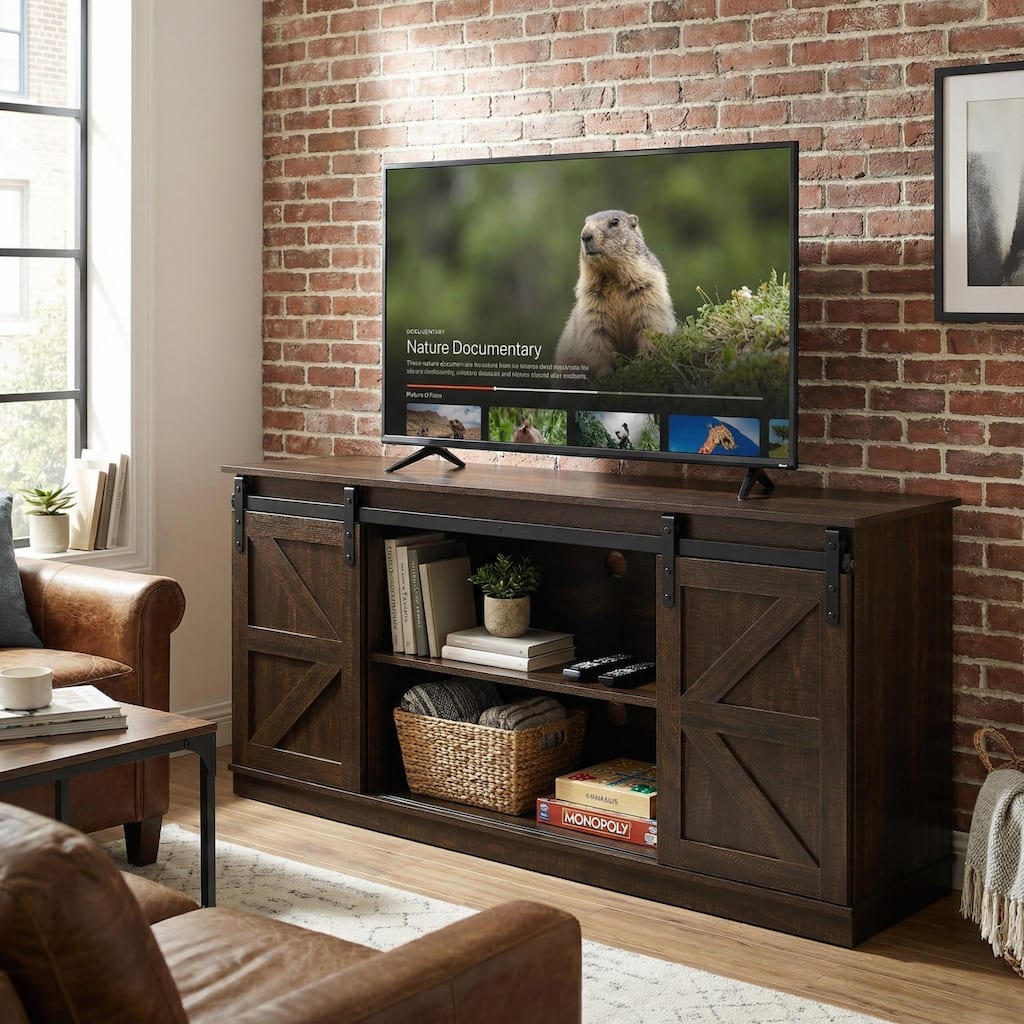 Homy Casa 58'' Farmhouse TV Stand. Sliding Barn Doors, Storage Cabinet