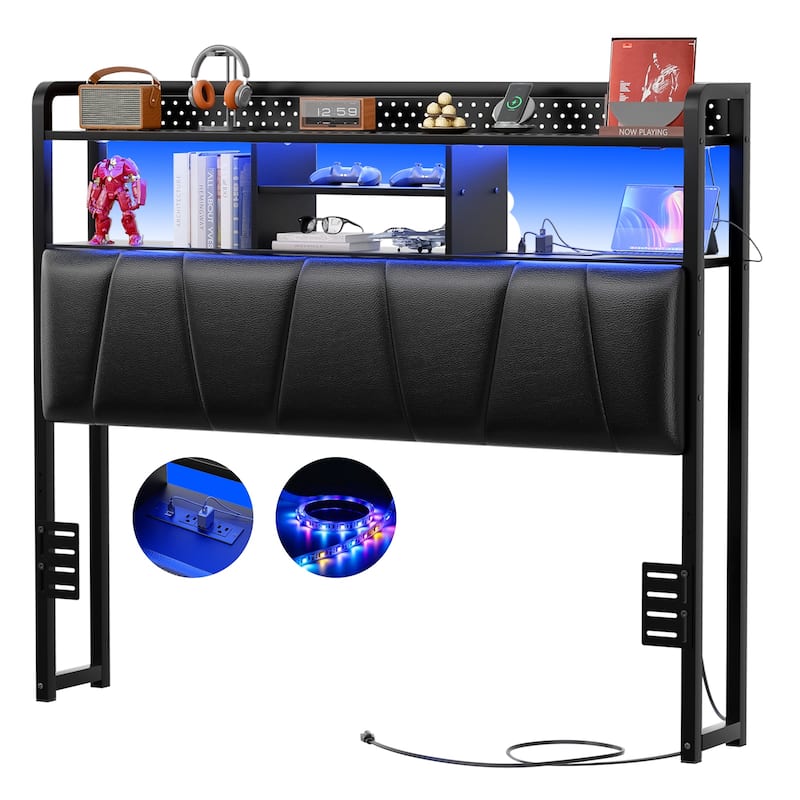 Upholstered Headboard with Pegboard and Charging Station, Storage Headboard Shelves and LED Light
