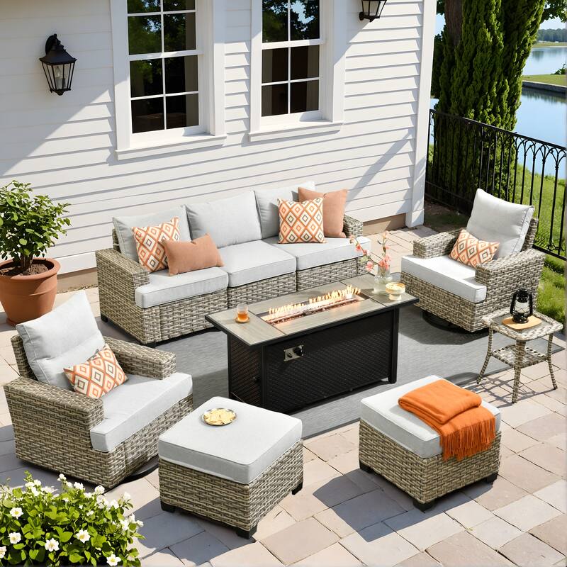 XIZZI 9-Piece Outdoor Patio Furniture Swivel Chair Set with Fire Pit - Grey