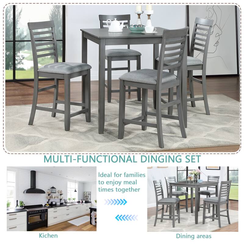 5 Piece Dining Table Set, Wooden Dining Square Table Set for 4, Counter Height Kitchen Table Set Gray