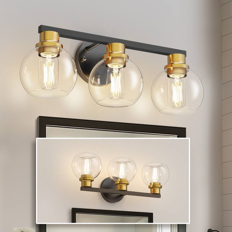 YANSUN 3-Light Mirror Vanity Light, Black and Gold, E26 Base, Large Clear Globe Shades for Elegant Bathroom Décor