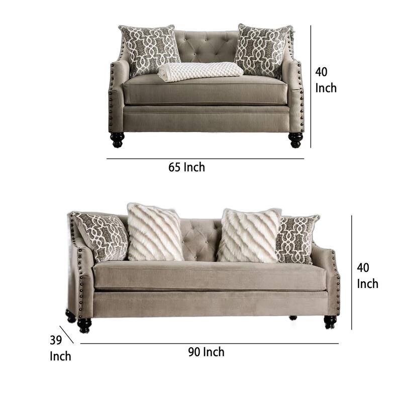 Erin Sofa Loveseat Set, 6 Large Pillows, Brown Small Weave Chenille