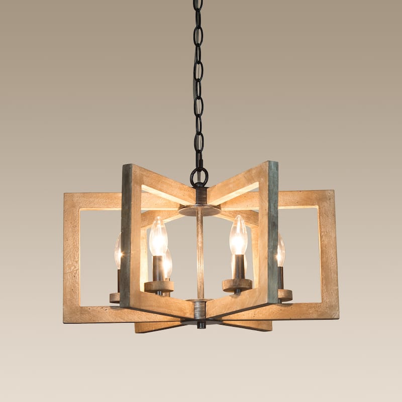 Loby Farmhouse Rustic 6-light Geometrical Lantern Wood Chandelier for Foyer - D20" x H13"
