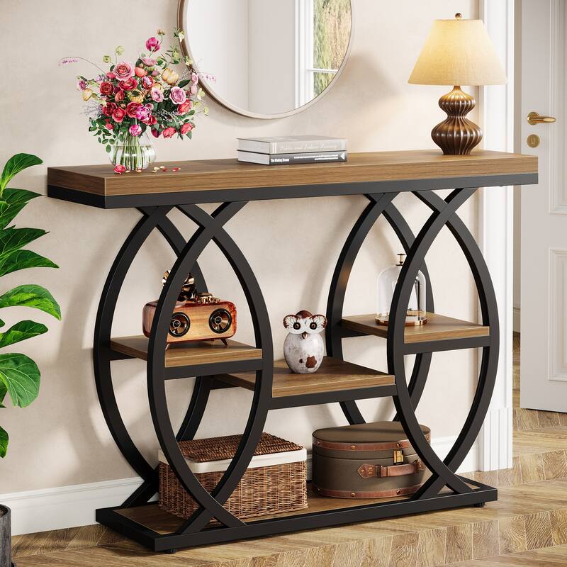 Industrial Console Table, 4-Tier Sofa Table with Geometric Metal Frame - Brown