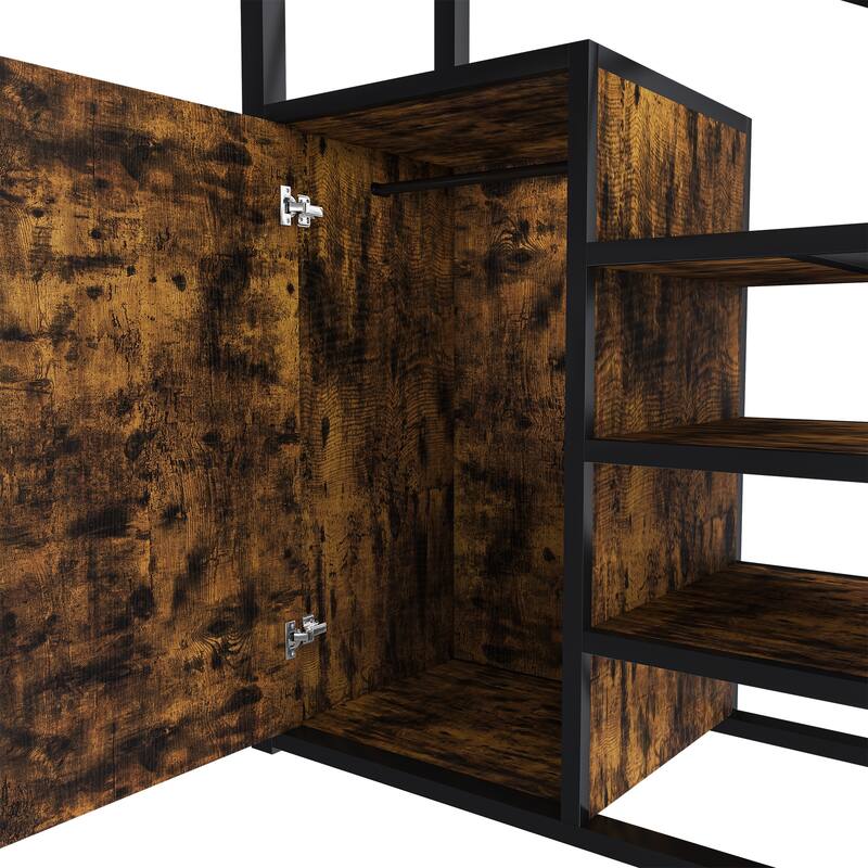 Full-Size Metal Loft Bed with Desk & Wardrobe, Built-In Staircase, Storage Shelves, Gaming/Study Bed with USB & Power Outlet