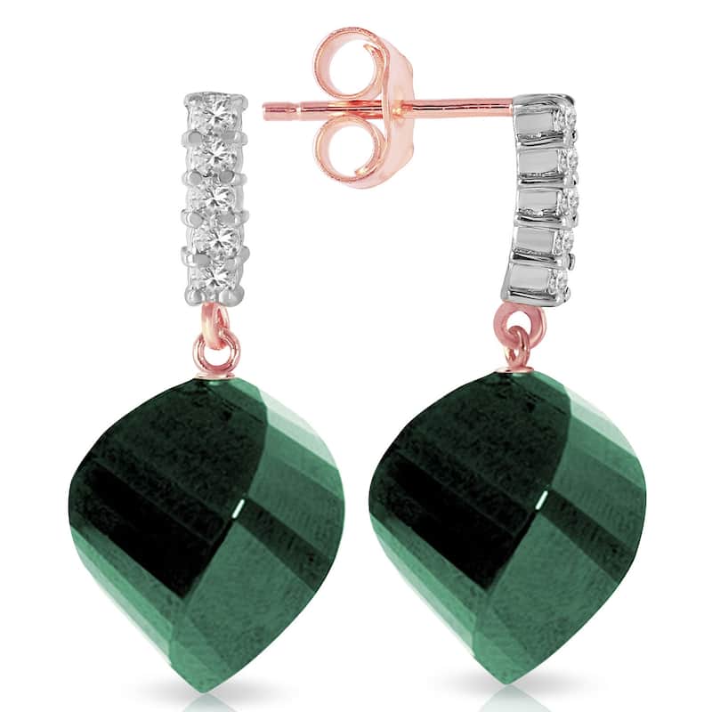 14K Solid Gold Diamond & Natural Briolette Emerald Gemstone Earrings - Rose