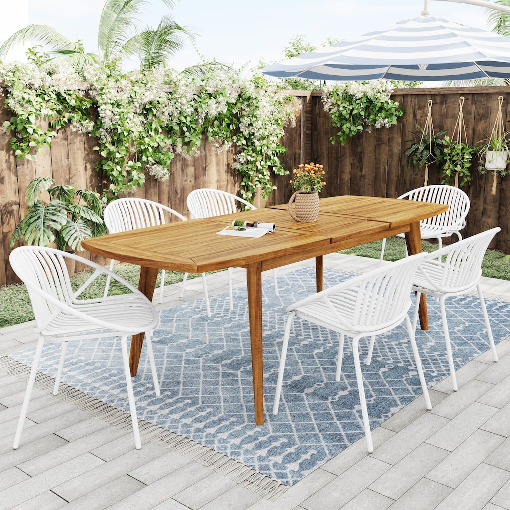 7-Piece Outdoor Expandable Dining Table Set, Modern Acacia Wood Table with 6 Stackable Chairs & Metal Frame for Patio, Backyard