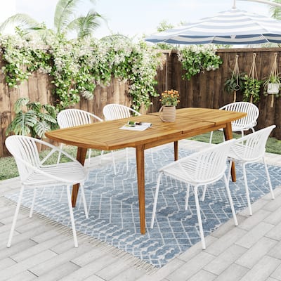 7 Pieces Outdoor Modern Expandable Dining Set with Stackable Chair