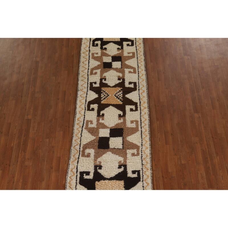 Vegetable Dye Kurdish Runner Rug Handmade Turkish Wool Carpet - 3'4"x 10'7"