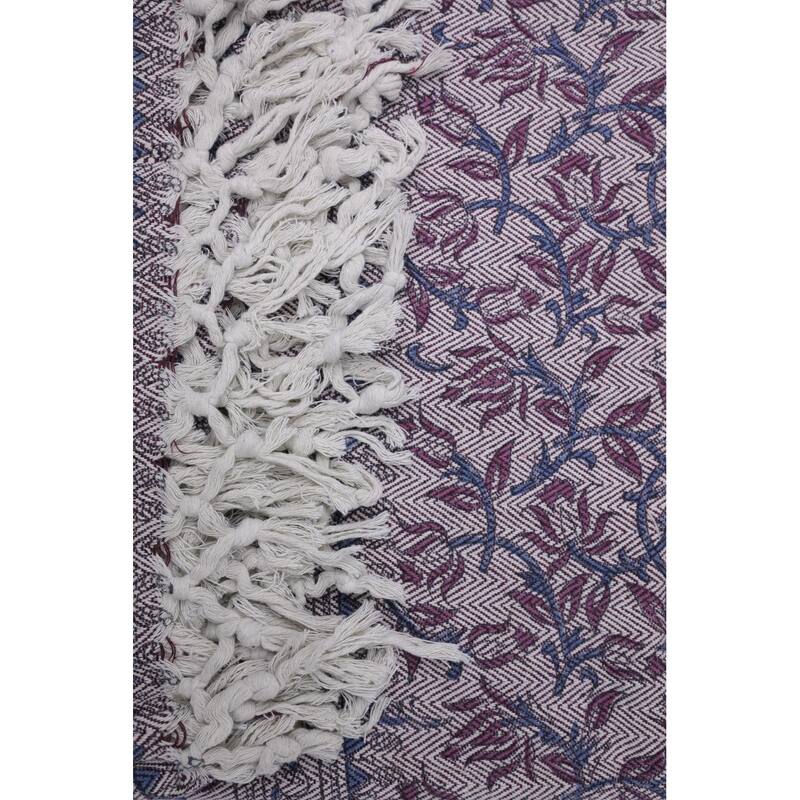 Fabdivine Kamal Dutta Handwoven Cotton Throw Blanket - Floral Block Print, Cozy Sofa & Bed Accent with Natural Fringe, 90"x54"