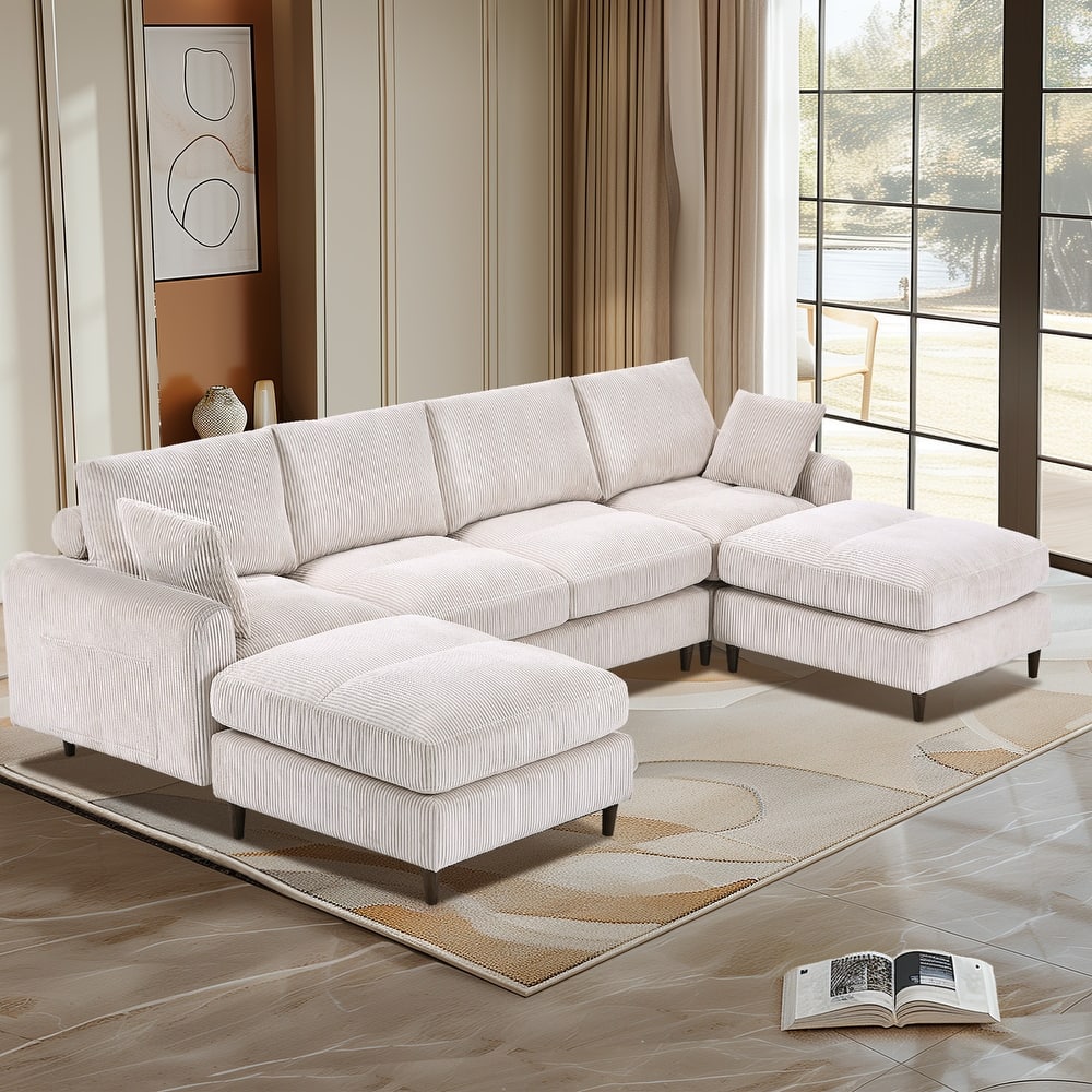 6-Seat Modern Corduroy Modular Sectional Sofa U-Shaped Convertible L-Shaped Design with Ottoman and Pillows