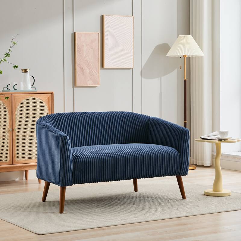 50.78" Modern Loveseat Couch Sofa, Corduroy Fabric Upholstered 2-Seat Sofa, Loveseat with Wooden Walnut Legs for Small Space - Navy