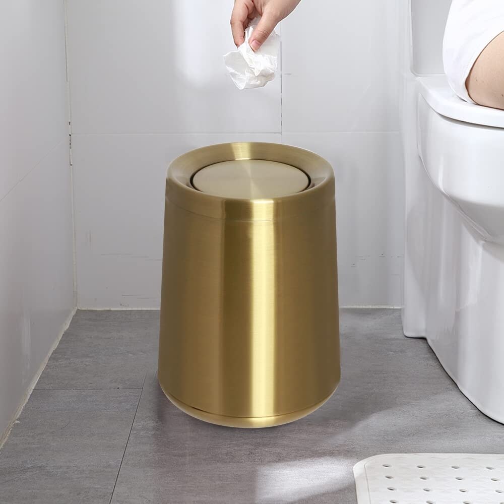 BRIEFHUMAN Household Swing Gold Bathroom Trash Can,Brushed Stainless Steel,10 L/3 Gallen,Garbage Can with Flipping Lid, for Indoor or Commercial Use