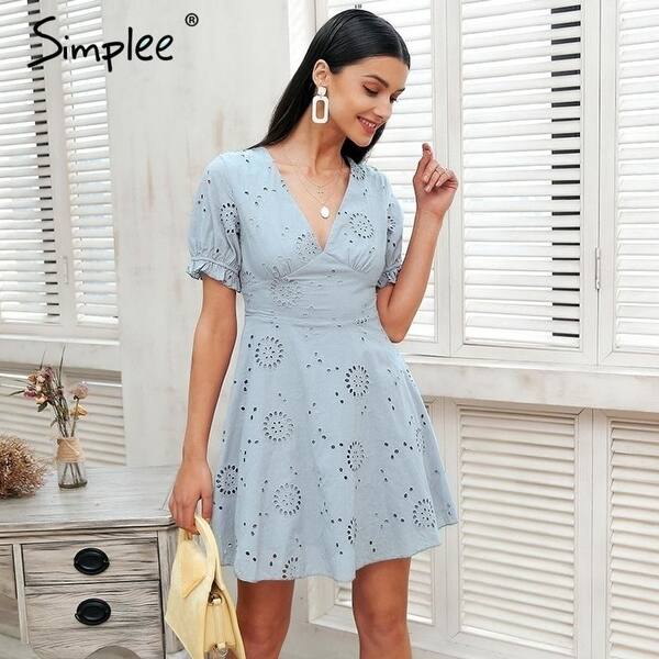 Shop Simplee Hollow Out Embroidery White Dress Women V Neck