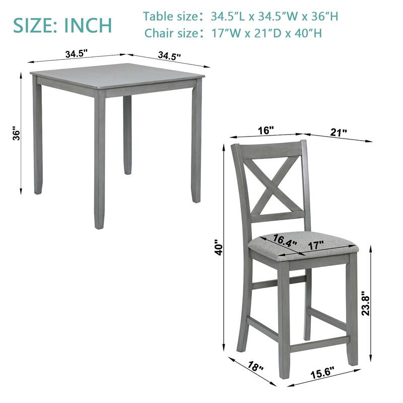 5 Piece Dining Table Set, Wooden Counter Height Kitchen Table Set with 1 Square Table and 4 Upholstered Chairs