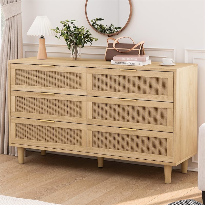 51" Rattan Storage Cabinet with 6 Drawers and Wood Legs - Natural