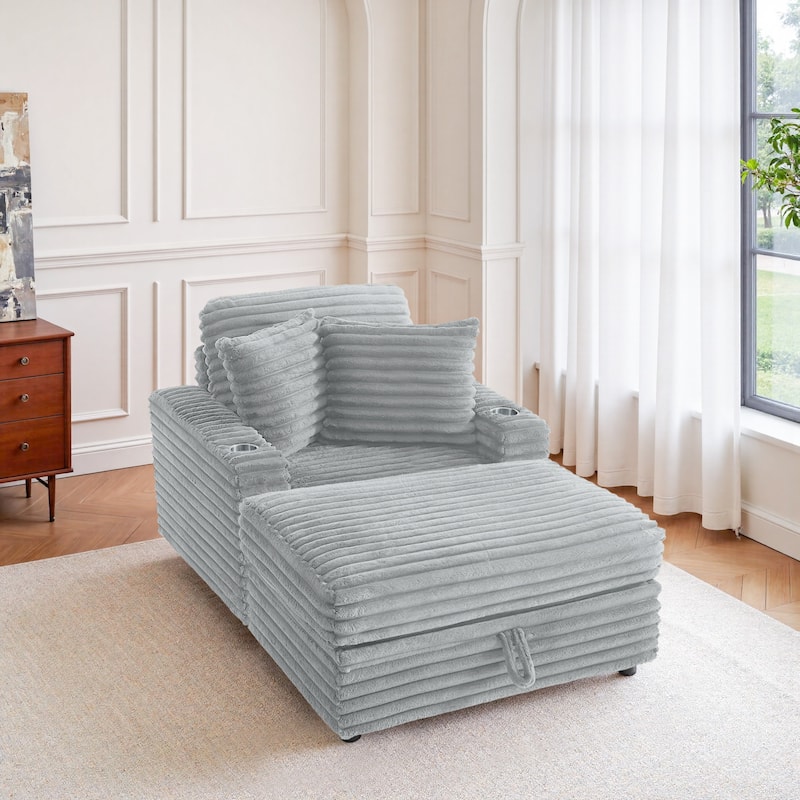 37" W Upholstered Chaise Lounge Accent Chair with Storage Ottoman - Grey