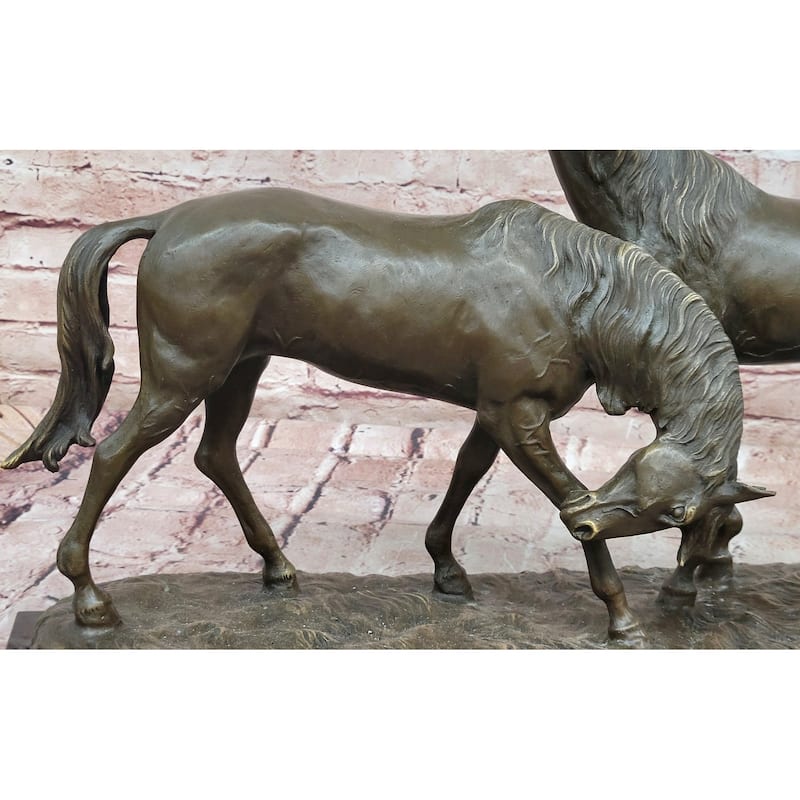 Necking Imitative Horses Equestrian Imitative Horse Lover Bronze Sculpture Statue Art Figure Marble Base