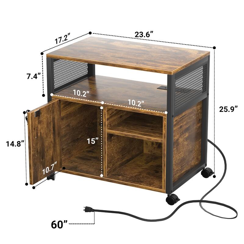 Rolling File Cabinet Lateral Office Filing Cabinets with Charging Station,Modern Printer Stand on Wheels