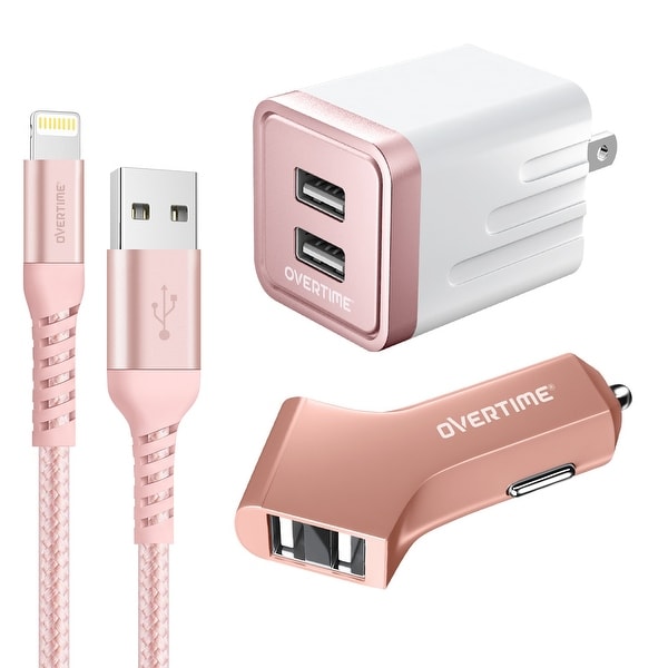 Overtime Apple-Certified 6Ft Lightning Cable with Dual Port USB Car & Wall Charger. Opens flyout.