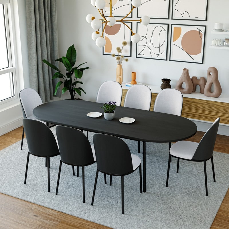 Tule Modern 9-Piece Dining Set with Solid Wood Top Oval Dining Table and Fabric Upholstered Black Steel Legs