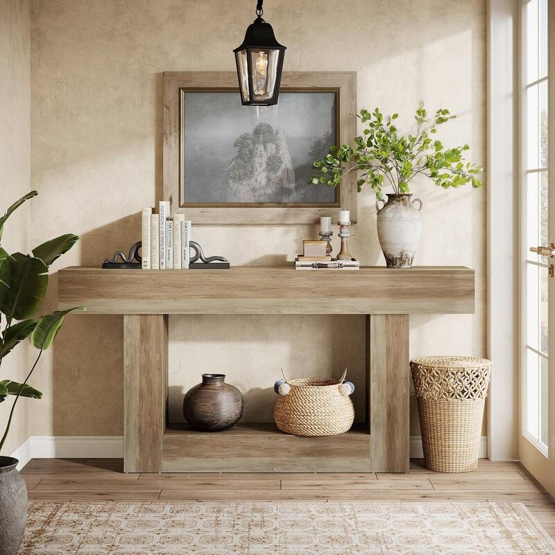 63 Inches Brown/ Dark Gray Wooden Console Table, Farmhouse Long Entryway Table with Storage for Living Room