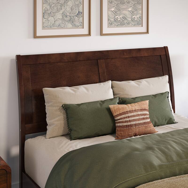 Solid Wood Low Profile Sleigh Bed with USB Ports - Full Size Platform Bed Frame, Walnut Finish