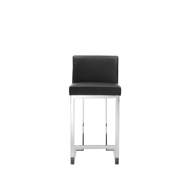 Boly 26 Inch Counter Height Chair, Black Faux Leather, Chrome Steel
