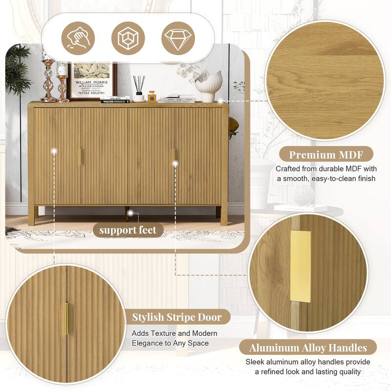 Storage Cabinet with Vertical Stripe Doors & Adjustable Shelves, Sideboard Cabinet with Door Racks & Side Hooks