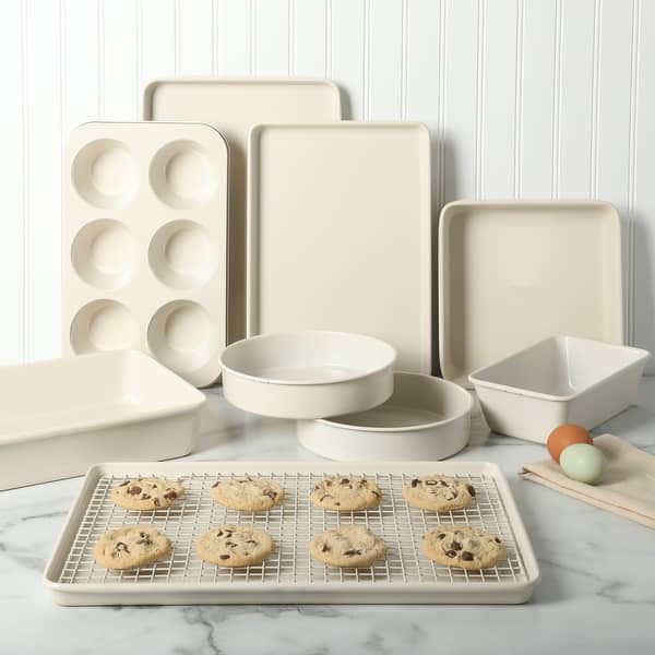 Martha Stewart Gallen 10 Piece Baking Pans Ceramic PFA Free Non Toxic Non Stick Bakeware Set - Linen