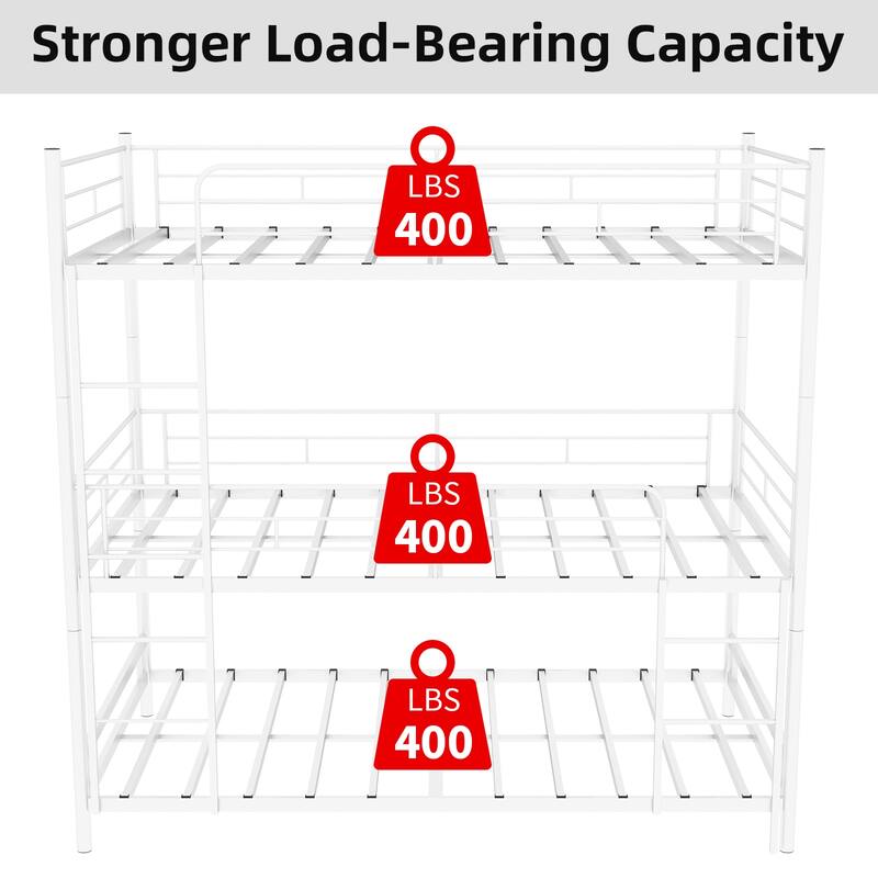 Heavy-duty Triple Frame Bed with Built-in Ladder and Full-length Railing, Space-saving, Easy to Assemble, White