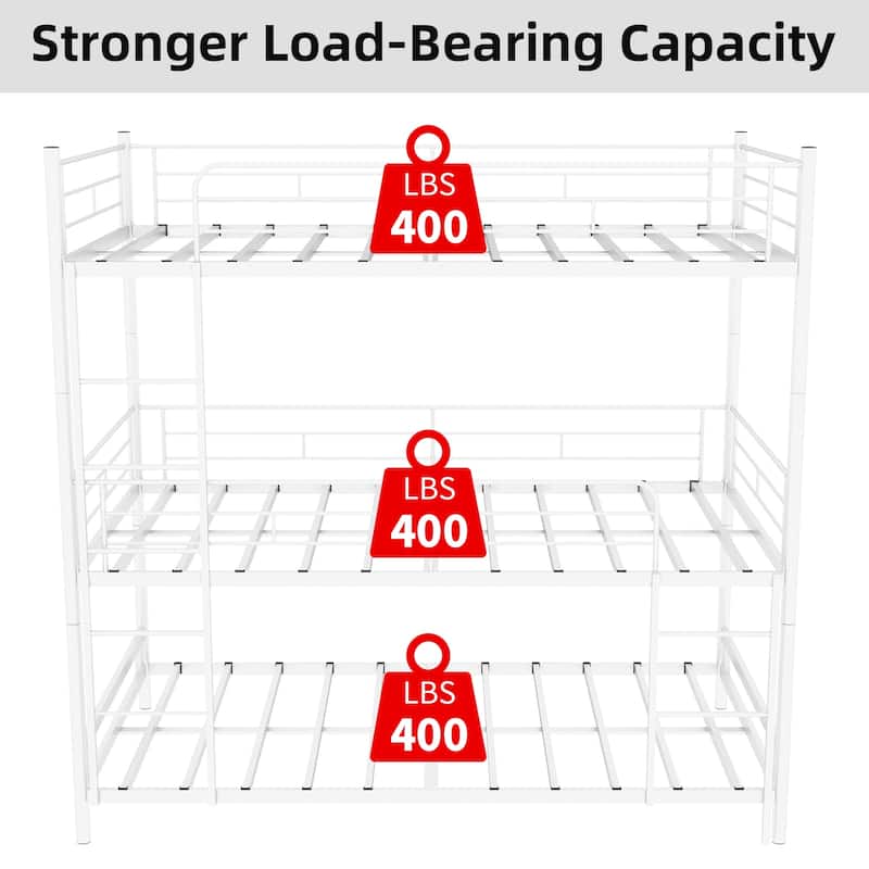Twin Size Heavy-Duty Triple Frame Bed With Built-In Ladder And Full-Length Railing, No Springs Required, Easy To Assemble
