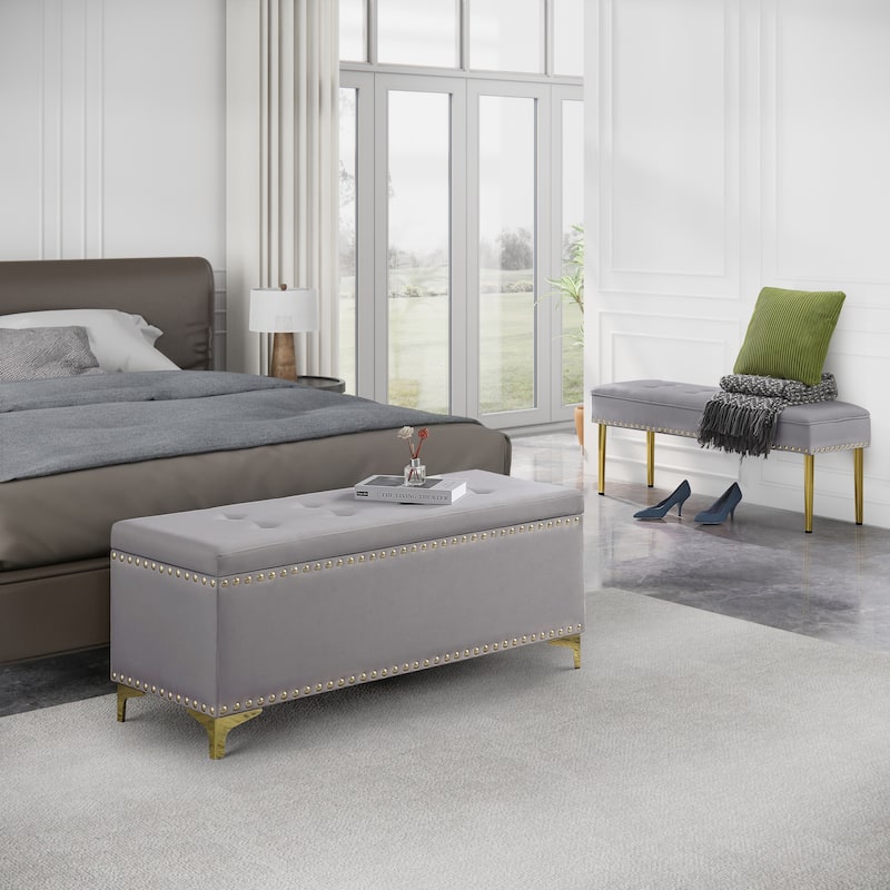 Large Storage Benches Set, Nailhead Trim 2 in 1 Combination Benches, Tufted Velvet Benches with Gold Leg, Support 250lbs