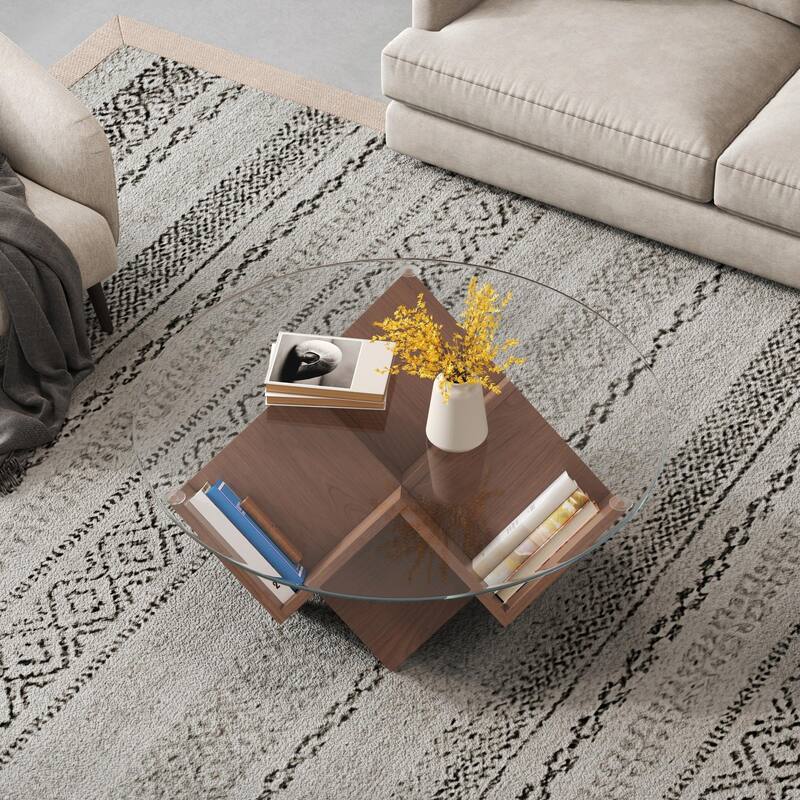 Round Coffee Table with Glass Top and Geometric Abstract Art Deco Base - Walnut, 35.4" with Storage Shelves