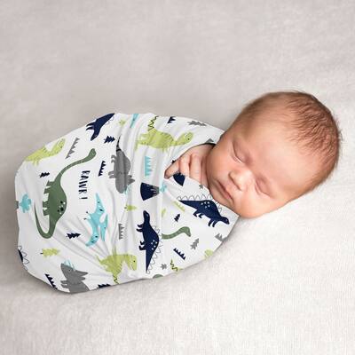 Mod Dino Collection Boy Baby Swaddle Receiving Blanket - Blue, Green and Grey Modern Dinosaur