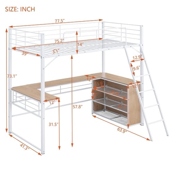 dimension image slide 3 of 4, Metal Loft Bed with L-shaped Desk and 3 Layers of Shelves, Reversible Ladder