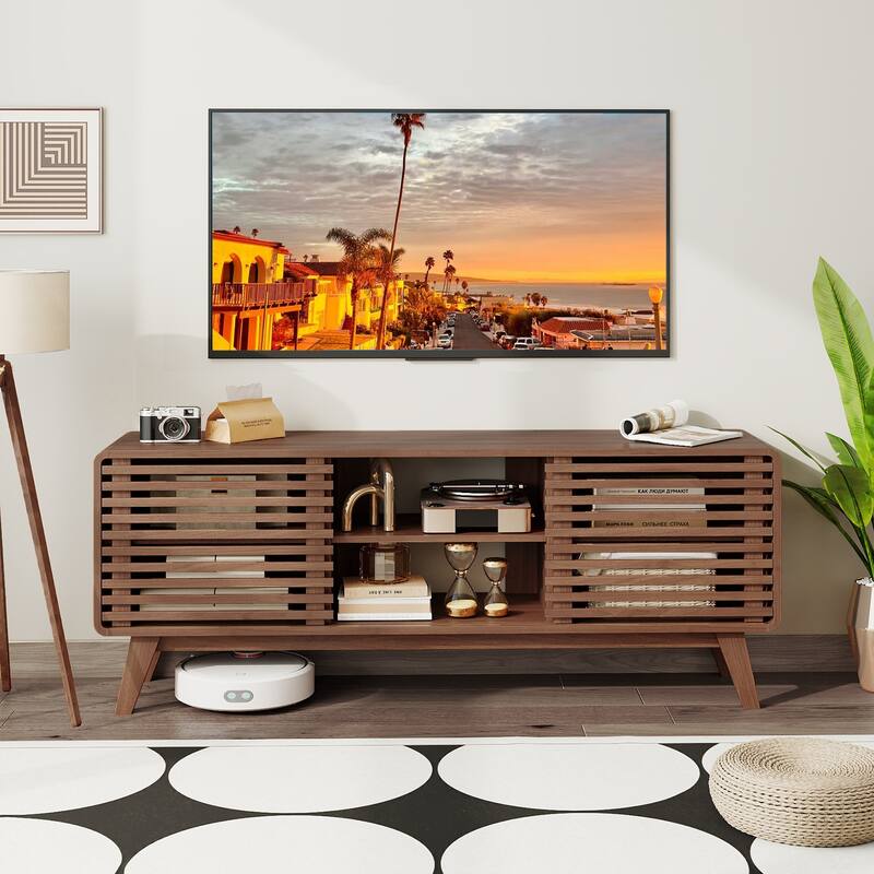 Gymax TV Stand w/Sliding Doors Adjustable Shelves & Rubber Wood Legs