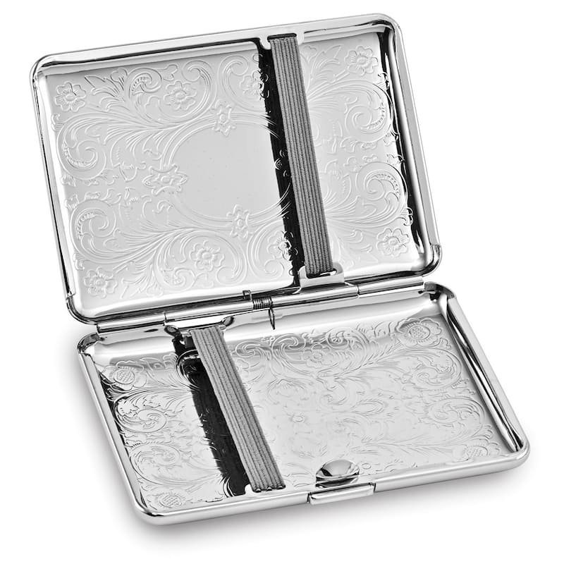 Curata Silver-Tone Scrolled Design Elastic Holder (Holds 14 King) Cigarette/Card Case with Engraving Area