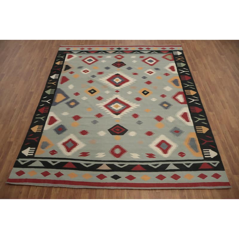 Hand Woven Oriental 100% Wool Carpet Southwestern Tribal Greys & Charcoal Kilim Area Rug - 10' 3'' X 8' 5''