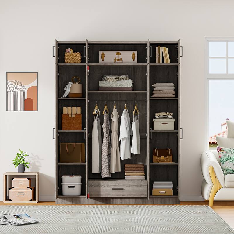 4-Door Wardrobe Armoire with Drawer and Overhead Cabinet Clothes Storage Cabinet for Bedroom - Gray