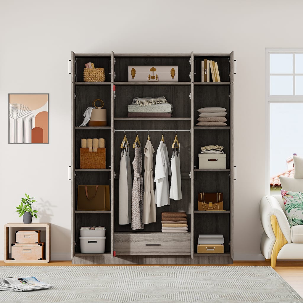 Gray Wardrobe Armoires Closet Storage Cabinet with Lock Drawer, Top Cabinet & Hanging Clothes Rod for Rental Housing Bedroom