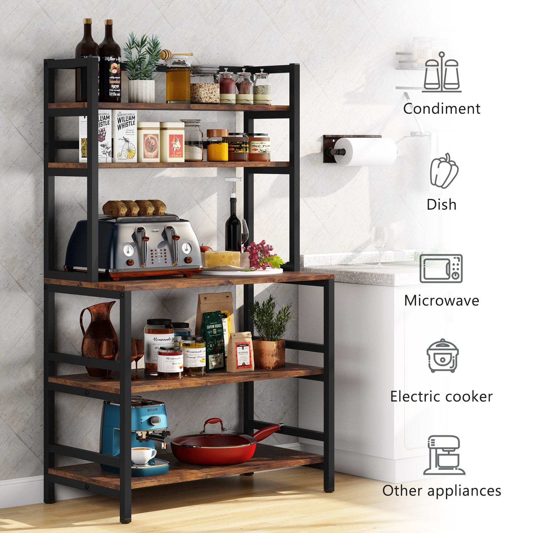 Trnni Shelf, for Storage Racks with Kitchen Cabinets Coffee Bar, 5 Shelf  Microwave Oven Stand Metal Frame with 3 Drawer Type Wire Baskets Rolling  Cart