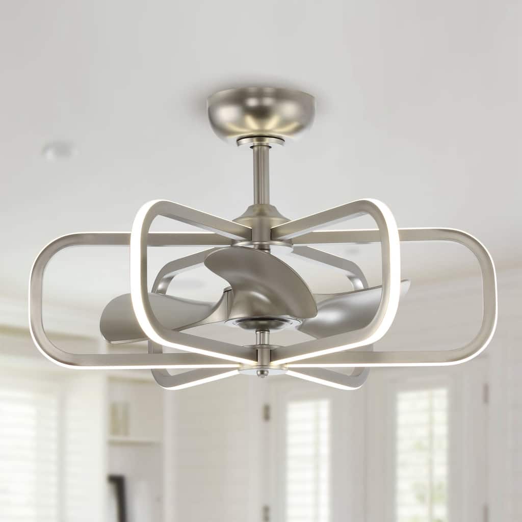 29" LED Indoor Satin Nickel Downrod Mount Chandelier Ceiling Fan with Light and Remote Control - 29.5" D x 18" H