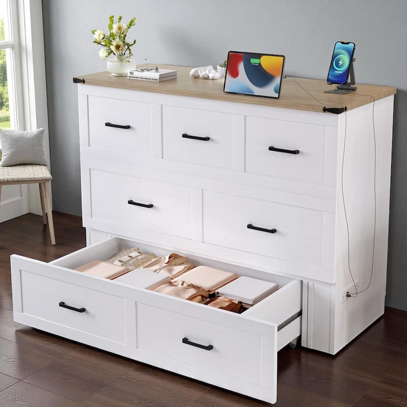 Foldable Murphy Bed Cabinet Full/Queen with USB & Type-C Ports and Storage Drawer for Guest Room