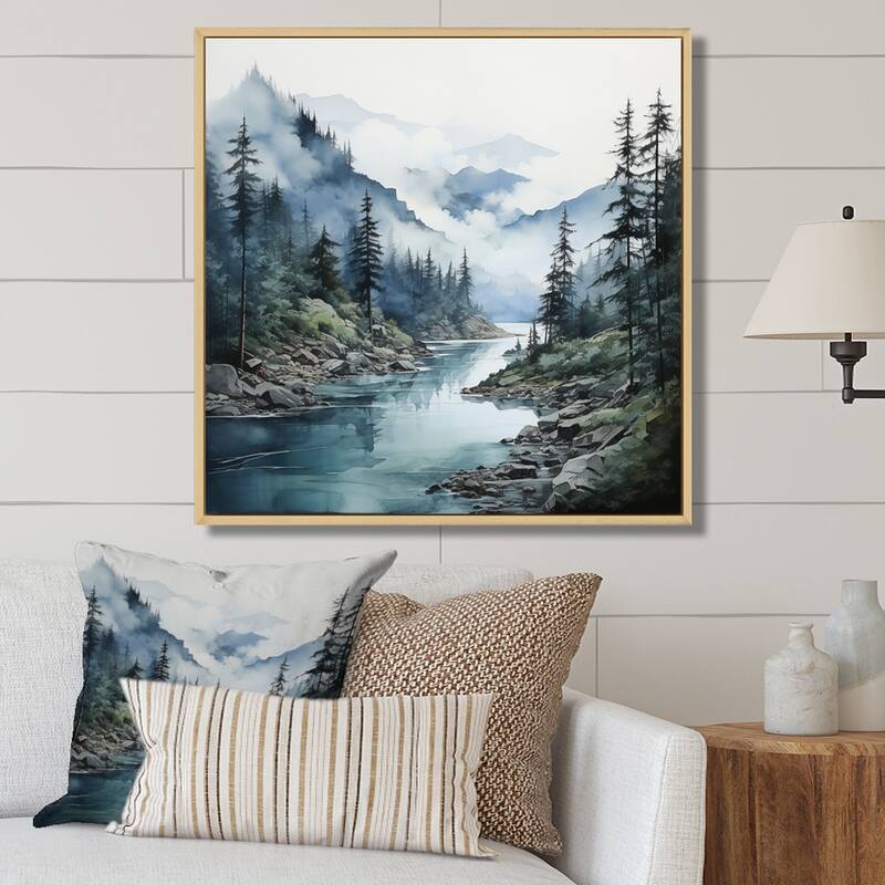 Designart "Grey Blue Minimalism Forest Reflections II" Minimalism Framed Wall Decor - Natural - 24 in. wide x 24 in. high