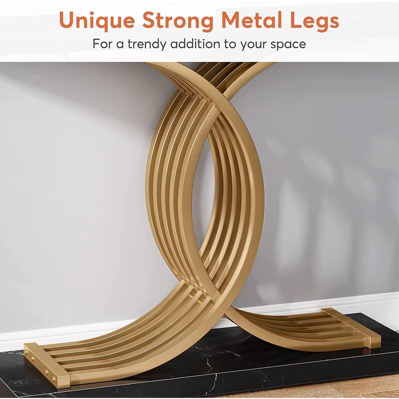 Modern Faux Marble Entryway Console Table with Geometric Gold Legs - 11.81"D x 39.37"W x 31.49"H