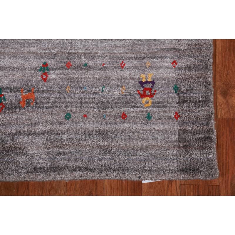 Hand Knotted Oriental 100% Wool Carpet Tribal Tribal Greys & Charcoal Gabbeh Runner Rug - 9' 9'' X 3' 2''